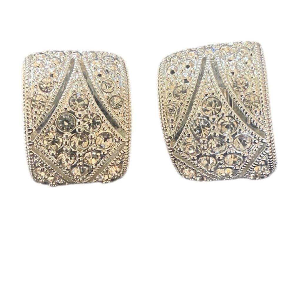 Vintage 80’s art‎ deco Silver clip on rhinestone earrings